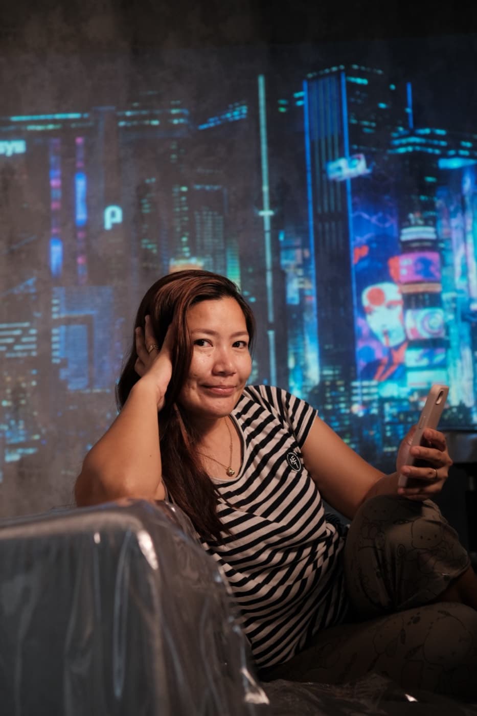 Interview on the studio's night-skyline background